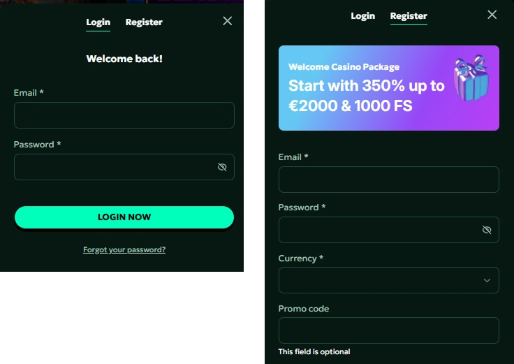 Registratie- en inlogformulier van SagaSpins Casino