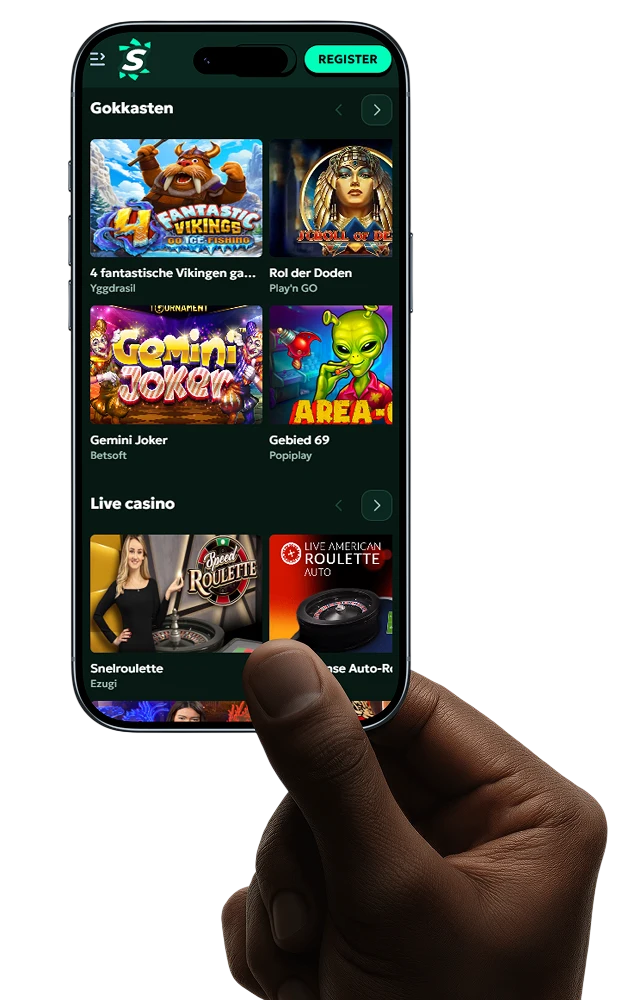 Mobiele versie van SagaSpins Casino op een smartphone met gokkasten en live casino