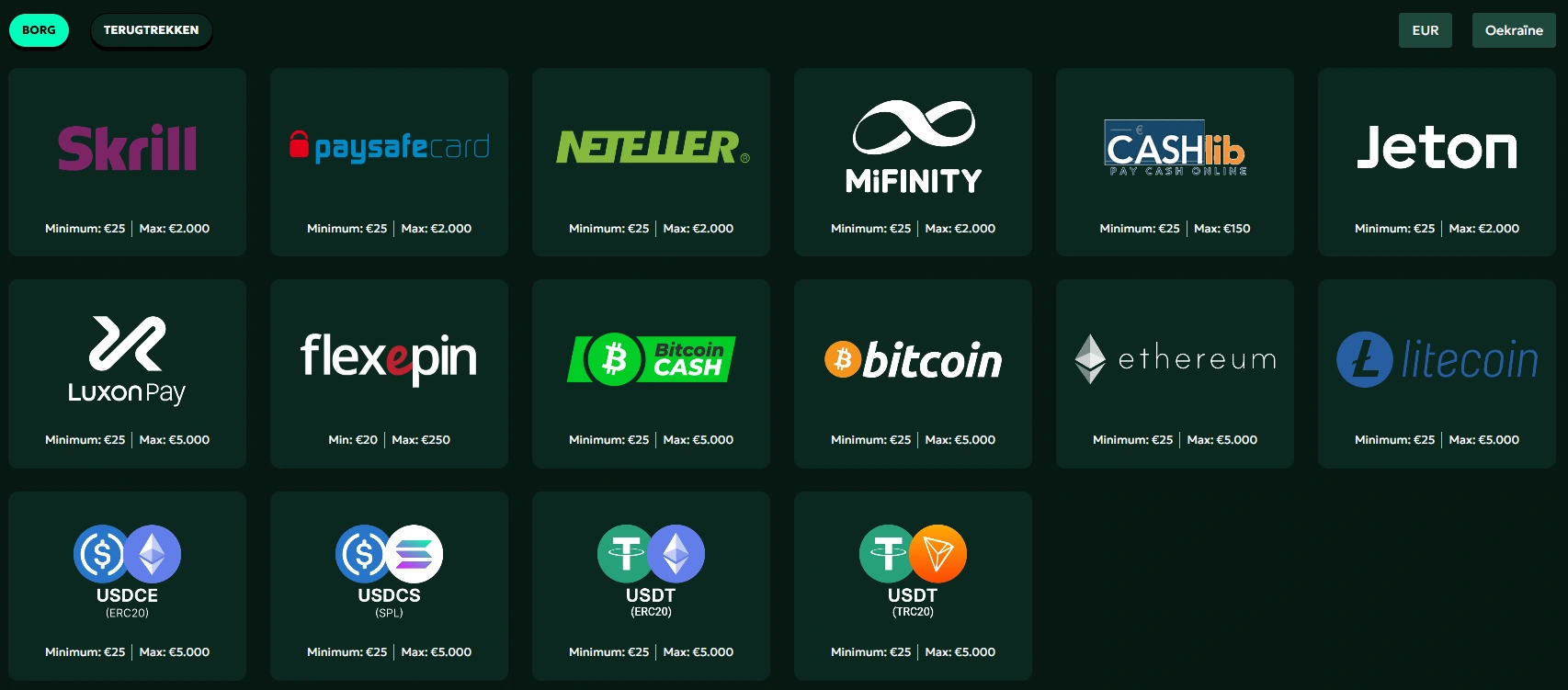 Beschikbare stortingsmethoden bij SagaSpins Casino met e-wallets, betaalkaarten en cryptovaluta